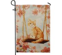 Drapeau de jardin chat sur balançoire printemps été, bannière florale tigrée orange, bannière de décoration d'intérieur, toile de jute double face, décoration de pelouse extérieure, 30,5 x 45,7 cm