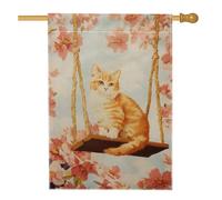 Drapeau de jardin chat sur balançoire printemps été, bannière florale tigrée orange, bannière de décoration d'intérieur, toile de jute double face, décoration de pelouse extérieure 71 x 101,6 cm