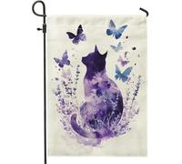 Drapeau de jardin chat violet et papillon, bannière florale aquarelle pour décoration d'intérieur, décoration de pelouse extérieure printemps-été, drapeau de cour double face en toile de jute 30,5 x