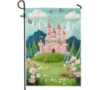 Drapeau de jardin château de conte de fées, château enchanté de pêche, décoration extérieure, bannière double face pour printemps et été, bannière pour chambre d'enfant et décoration de fête, 30,5 x