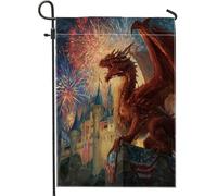 Drapeau de jardin château de dragon patriotique, créature mythique rouge crachant le feu, bannière double face, décoration de pelouse de célébration du 4 juillet 30,5 x 45,7 cm