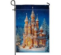 Drapeau de jardin château de pain d'épices, décoration extérieure du pays des merveilles d'hiver, drapeau de vacances enneigé double face, décoration de pelouse de porche festive, 30,5 x 45,7 cm