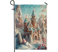 Drapeau de jardin château de pain d'épices, drapeau de décoration extérieure du pays des merveilles d'hiver, drapeau double face en toile de jute pour Noël, décoration de pelouse festive, 30,5 x 45,7