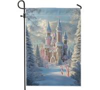 Drapeau de jardin château de pêche au pays des merveilles d'hiver, décoration extérieure festive pour la saison des vacances, drapeau imprimé double face pour décoration de terrasse, pelouse, 30,5 x