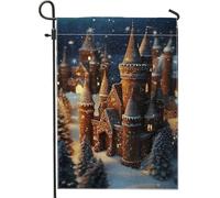 Drapeau de jardin château des merveilles d'hiver, château enneigé, drapeau de cour double face en toile de jute pour la saison des vacances, panneau extérieur festif, décoration de terrasse, pelouse