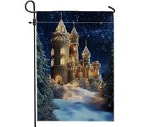 Drapeau de jardin château d'hiver, drapeaux décoratifs bleus enneigés, drapeau extérieur double face en toile de jute pour les vacances, décoration de pelouse au pays des merveilles d'hiver, 30,5 x