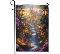 Drapeau de jardin château enchanté printemps-été, lanternes crépusculaires mystiques, bannière florale de décoration d'intérieur, drapeau de cour double face, décoration de pelouse extérieure 30,5 x