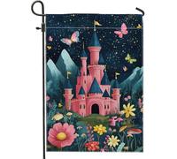 Drapeau de jardin château fantastique, bannière de décoration d'intérieur château enchanté de pêche, décoration de pelouse double face pour fête de printemps et d'été, drapeau floral fantaisie 30,5 x