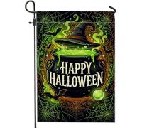 Drapeau de jardin chaudron - Chapeau de sorcière fantaisie effrayant - Toile d'araignée - Halloween - Vert - Double face - Pour extérieur, pelouse, porche, terrasse, entrée - 30,5 x 45,7 cm