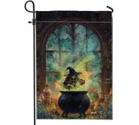 Drapeau de jardin chaudron de sorcière d'automne - Bannière verte mystique pour décoration d'intérieur - Drapeau double face en toile de jute - Décoration de pelouse d'Halloween - 30,5 x 45,7 cm