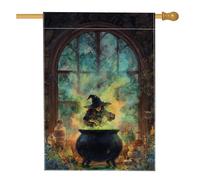 Drapeau de jardin chaudron de sorcière d'automne - Bannière verte mystique pour décoration d'intérieur - Drapeau double face en toile de jute - Décoration de pelouse d'Halloween - 71 x 101 cm