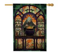 Drapeau de jardin chaudron de sorcière d'Halloween, bannière de décoration d'intérieur en verre teinté vert, drapeau de cour double face en toile de jute, décoration de pelouse extérieure pour