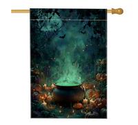Drapeau de jardin chaudron d'Halloween, bannière décorative en forme de citrouille effrayante vert foncé, drapeau de cour double face en toile de jute pour décoration de pelouse en plein air 71,1 x