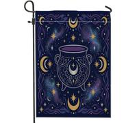 Drapeau de jardin chaudron, étoiles célestes mystiques, lunes, Halloween, bleu marine, double face, en toile de jute, drapeaux décoratifs pour extérieur, terrasse, pelouse, porche, balcon, 30,5 x 45,7