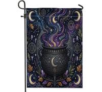 Drapeau de jardin chaudron, étoiles cosmiques mystiques, feuilles d'Halloween, violettes, double face, en toile de jute décorative pour extérieur, pelouse, porche, terrasse, entrée, 30,5 x 45,7 cm
