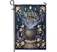 Drapeau de jardin chaudron, fleurs mystiques fantaisistes étoiles, Halloween, bleu marine, toile de jute double face, petit drapeau de jardin pour extérieur, terrasse, pelouse, porche, entrée, camping