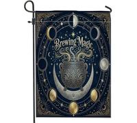 Drapeau de jardin chaudron - Phases mystiques de lune - Étoiles - Bleu marine - Double face - En toile de jute - Décoration extérieure pour extérieur, porche, pelouse, terrasse, 30,5 x 45,7 cm