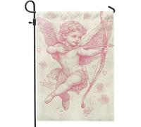 Drapeau de jardin chérubin de la Saint-Valentin, pêche, dieu de l'amour, drapeaux de jardin, double face en toile de jute pour décoration de pelouse, célébration saisonnière romantique 30,5 x 45,7 cm