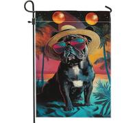 Drapeau de jardin chic d'été pour chien, chiens français colorés avec lunettes de soleil et chapeau, bannière de pelouse, décoration d'extérieur double face en polyester, décoration de pelouse pour