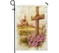 Drapeau de jardin chrétien printanier, croix en bois rustique avec fleurs de pêche, décoration extérieure, bannière de jardin double face pour Pâques et printemps, et décoration de jardin, art de la