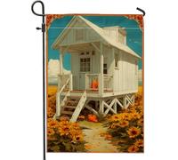Drapeau de jardin citrouille d'automne, chalet blanc confortable dans un champ de tournesol, bannière de décoration d'intérieur, toile de jute double face, décoration de pelouse pour récolte d'automne