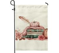 Drapeau de jardin citrouille d'automne et livres, plumes et fleurs beiges, décoration d'intérieur double face en toile de jute, décoration de pelouse extérieure saisonnière 30,5 x 45,7 cm