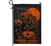 Drapeau de jardin citrouille d'Halloween, squelette de poisson orange avec jack-o'-lanternes, bannière de cour double face en toile de jute, décoration de pelouse extérieure effrayante 30,5 x 45,7 cm