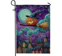 Drapeau de jardin citrouille sorcière d'Halloween, bâton de balai violet clair de lune, décoration extérieure, bannière double face en toile de jute pour fête d'automne, décoration de pelouse, 30,5 x