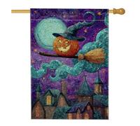 Drapeau de jardin citrouille sorcière d'Halloween, bâton de balai violet clair de lune décoration extérieure, bannière double face en toile de jute pour fête d'automne, décoration de pelouse, 71,1 x