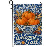 Drapeau de jardin citrouilles bleues et blanches 30,5 x 45,7 cm | Bol en porcelaine bleu et blanc, drapeau de cour, accents de blé de récolte, détails de bâton de cannelle