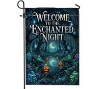 Drapeau de jardin citrouilles d'Halloween citrouilles de forêt enchantée | Champignons lumineux, drapeau de pelouse, croissant de lune, paysage forestier, atmosphère mystérieuse, typographie mystique