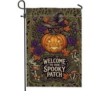 Drapeau de jardin citrouilles effrayantes et chapeau de sorcière 30,5 x | Motif chapeau de sorcière, drapeau de cour, feuilles d'érable d'automne, roses violettes, champignons des bois