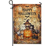Drapeau de jardin citrouilles fantaisie festif chat fantôme Halloween orange double face en toile de jute petit drapeau pour extérieur, terrasse, pelouse, porche, balcon 30,5 x 45,7 cm
