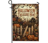 Drapeau de jardin citrouilles thème effrayant chasse au trésor Halloween | Scène de manoir hantée, drapeau de cour, silhouette de chat, fantôme effrayant, clôture en bois rustique, feuillage d'automne