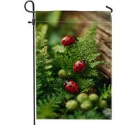 Drapeau de jardin coccinelle, fougère bio naturelle, baies vertes, vert printemps, double face, petit drapeau de jardin, cour, pour extérieur, pelouse, porche, terrasse, entrée 30,5 x 45,7 cm