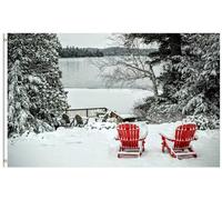 Drapeau De Jardin Cold Winter Season Landscape Red Chairs Lake Snowy Trees Forest Garden Flag Amusante Drapeau De Bienvenue Couleur Vive Pride Flag Pour Patio Pavillon Pelouse 152X90CM