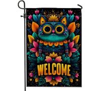 Drapeau de jardin coloré avec chat bienvenu, décoration florale vibrante pour le printemps et l'été, fête en plein air, décoration double face, bannière de pelouse de style fantaisie, 30,5 x 45,7 cm