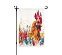 Drapeau de jardin coloré « Coq au milieu d'un jardin fleuri » double face, petits drapeaux pour cour, convient pour l'extérieur ou le jardin, décoration de patio, cour, 45,7 x 30,5 cm