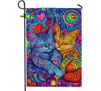 Drapeau de jardin coloré couple de chats, drapeau d'amour félin bleu et orange, drapeau artistique double face pour décoration de pelouse extérieure d'été, 12 x 18 pouces