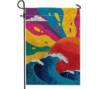 Drapeau de jardin coloré d'été avec coucher de soleil et vagues, bannière multicolore vive pour décoration d'intérieur, décoration de pelouse, fête de plage, drapeau de cour 30,5 x 45,7 cm