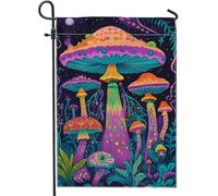 Drapeau de jardin coloré en forme de champignon psychédélique, bannière de décoration extérieure violet vif, drapeau de cour double face en toile de jute pour décoration de fête de jardin printanier