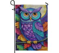 Drapeau de jardin coloré en forme de chouette, bannière décorative d'automne bleu violet, drapeau de cour double face en toile de jute pour décoration extérieure d'automne 30,5 x 45,7 cm