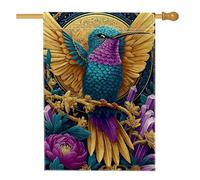 Drapeau de jardin coloré en forme de colibri, bannière florale bleu vif et violet, drapeau de cour double face en toile de jute pour décoration de pelouse extérieure printemps été 71,1 x 101,6 cm