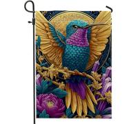 Drapeau de jardin coloré en forme de colibri, bannière florale bleu vif et violet, drapeau de cour double face en toile de jute pour décoration de pelouse extérieure, printemps, été, 30,5 x 45,7 cm