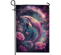 Drapeau de jardin coloré en forme de dauphin, pêche, galaxie, océan, animal de l'océan, bannière de décoration d'intérieur, drapeau de cour double face, décoration de pelouse, parfait pour l'été, 30,5