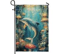 Drapeau de jardin coloré en forme de dauphin, scène sous-marine avec champignons et bulles, décoration extérieure, bannière double face pour décoration d'intérieur d'été, 30,5 x 45,7 cm