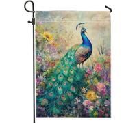Drapeau de jardin coloré en forme de paon et floral - Décoration extérieure - Double face en toile de jute - Pour printemps et été - 30,5 x 45,7 cm