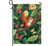 Drapeau de jardin coloré en forme d'écureuil de dessin animé, feuilles tropicales vertes vives et papillons, décoration extérieure, bannière de cour de printemps et d'été pour décoration de la maison