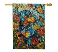 Drapeau de jardin coloré en verre teinté pour chien, portrait d'animal bleu avec fleurs et papillons, décoration saisonnière de cour extérieure, décoration d'intérieur double face, 71 x 101 cm