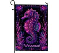 Drapeau de jardin coloré hippocampes, décoration nautique violet vif, bannière de bienvenue d'été, drapeau de cour double face pour décoration de pelouse extérieure 30,5 x 45,7 cm